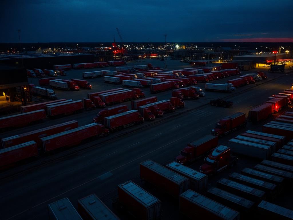 Aerial view of a busy truck terminal yard full of trucks and trailers — HDL dispatch for established motor carriers
