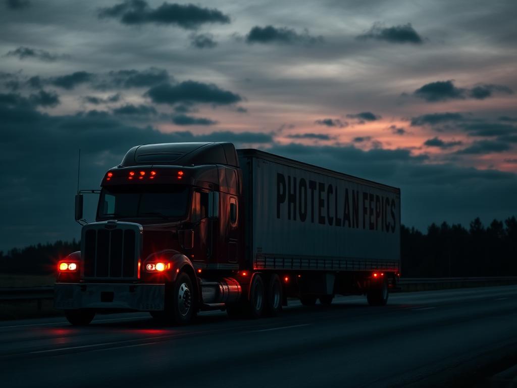 Semi-truck with a dry van trailer running a long-haul lane at dusk — HDL truck dispatch service for Class 8 semi-trucks