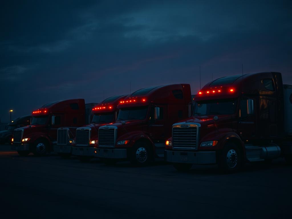 Small fleet of semi-trucks parked in a carrier yard at dusk — HDL multi-truck fleet dispatch services